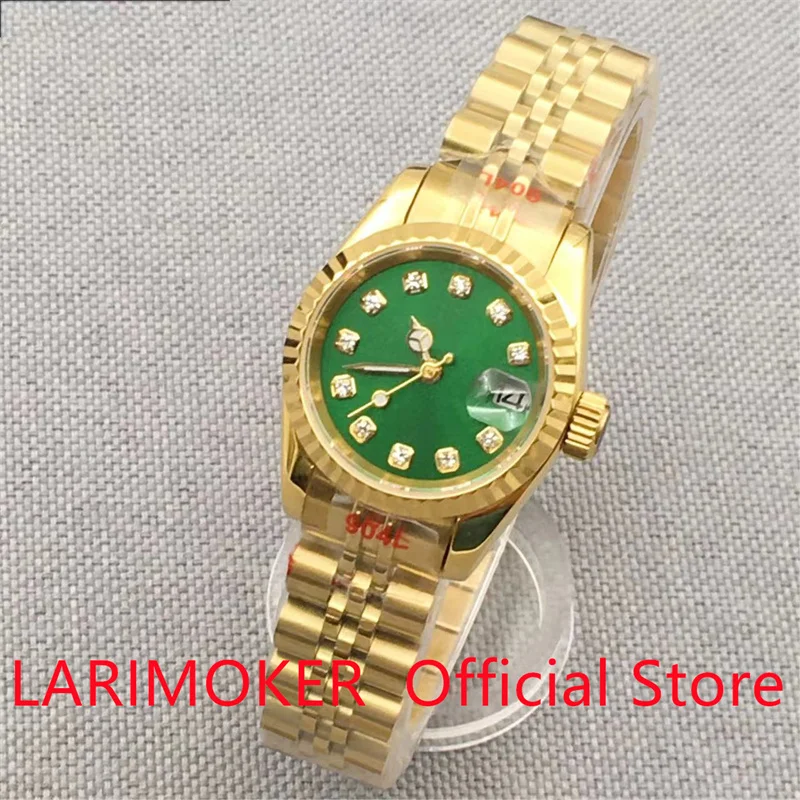 26Mm Seiko Nh05 Black Green Dial Diamond Index Automatic Nvshi Watch Vetro Zaffiro Oro Scanalato Lunetta Bracciale Jubilee