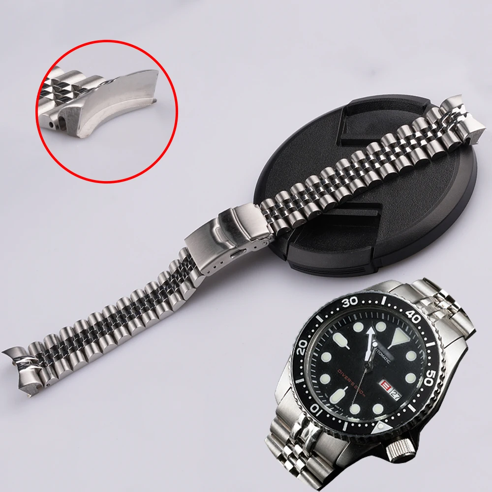 Rolamy 22Mm Solido Curvo Estremità In Acciaio Inox Argento Jubilee Cinturino Cinturino Bracciali Per Seiko Skx007 009