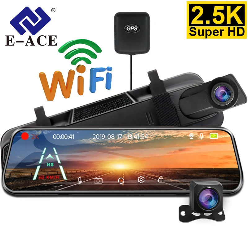 E-Ace Car Mirror Dvr Gps Wifi 1440P Dual Cams 9.66 Pollici Touch Screen Vista Posteriore Dash Cam Stream Media Videoregistratore Visione Notturna