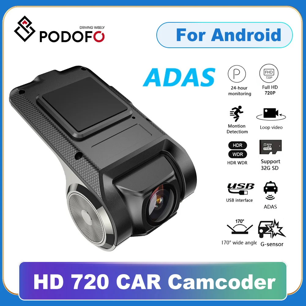 Podofo Dash Cam Adas Car Dvr 720P Adas Dashcam Dvr Video Hd Usb Tf Card Registratore Automatico Per Lettore Multimediale Android Dvd