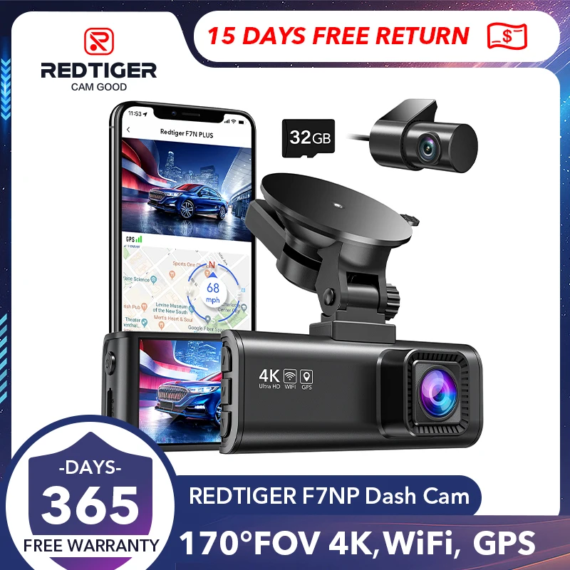 Redtiger F7Np 4K Dash Camera Per Auto 3.18 "Schermo Ips Mini Dash Cam Recorder Car Dvr Per 24H Modalità Di Parcheggio Integrato Wifi Gps