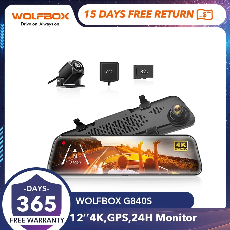 Wolfbox G840S 12 "Ips Dash Camera 4K Retrovisore Dash Cam Videoregistratore Gps Visione Notturna Hd Dual Camera Car Dvr Monitor Di Parcheggio