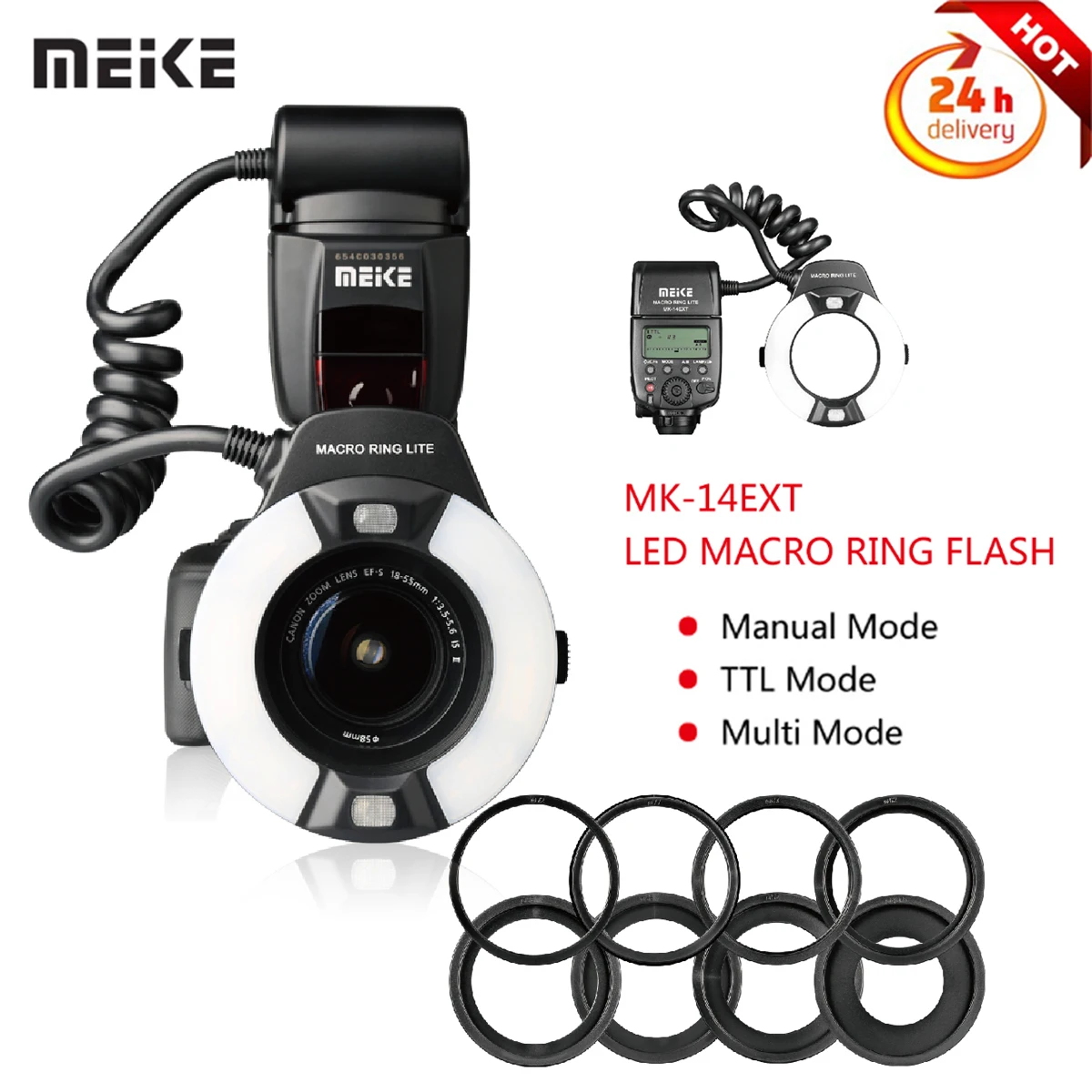 Meike Mk-14Ext E-Ttl Macro Led Ring Flash Speedlite Con Led Af Assist Lamp Per Canon Eos 5D Ii Iii 6D 7D 60D 70D 200D 1000D