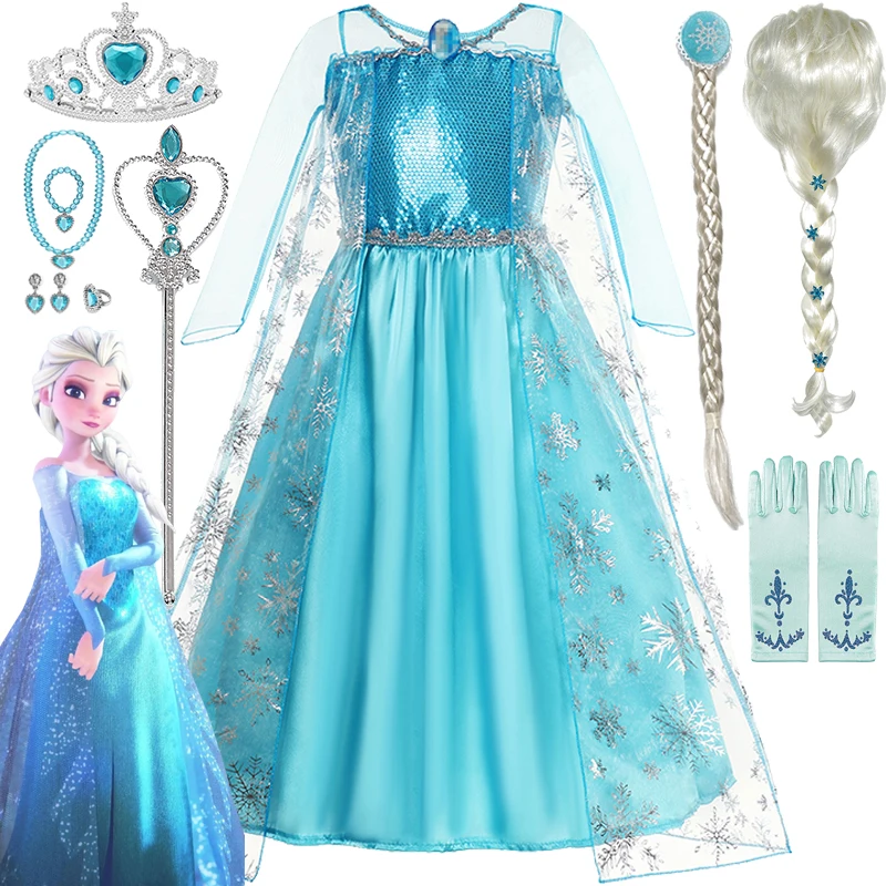 Disney Frozen Elsa Princess Dress Girls Snow Queen Costumes Frozen Elsa Cosplay Clothing Purim Carnival Birthday Party Clothing