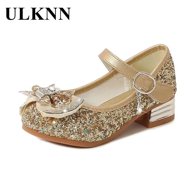 Girls High Heels Kid'S 2023 Party Shoe Children New Pink Bow Outdoor Shoe Kids Single Sequins Students Dance Princess Shoe Baby