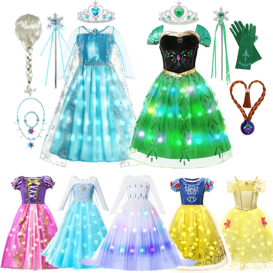 Disney Frozen Princess Elsa Anna Led Light Up Dress Girls Kids Cosplay Party Clothes Belle Rapunzel Luminoso Halloween Prom Gown