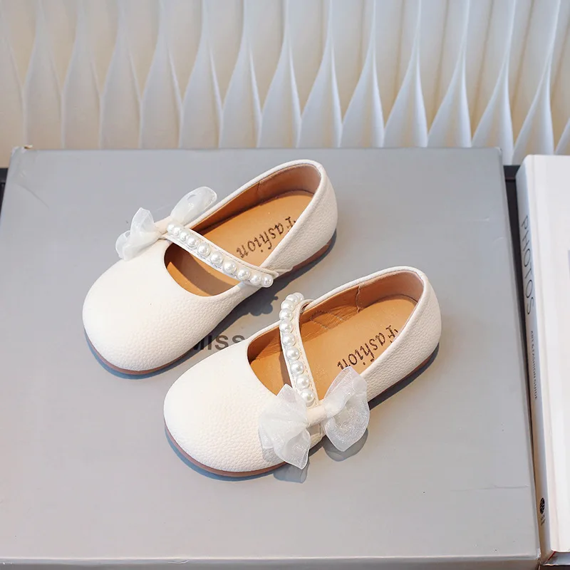Bambini Fashion Girls Mary Jane Shoes For Party Wedding Show Side Bow Pearl Elegant Princess Chic Kids Slip-On Dress Shoes New