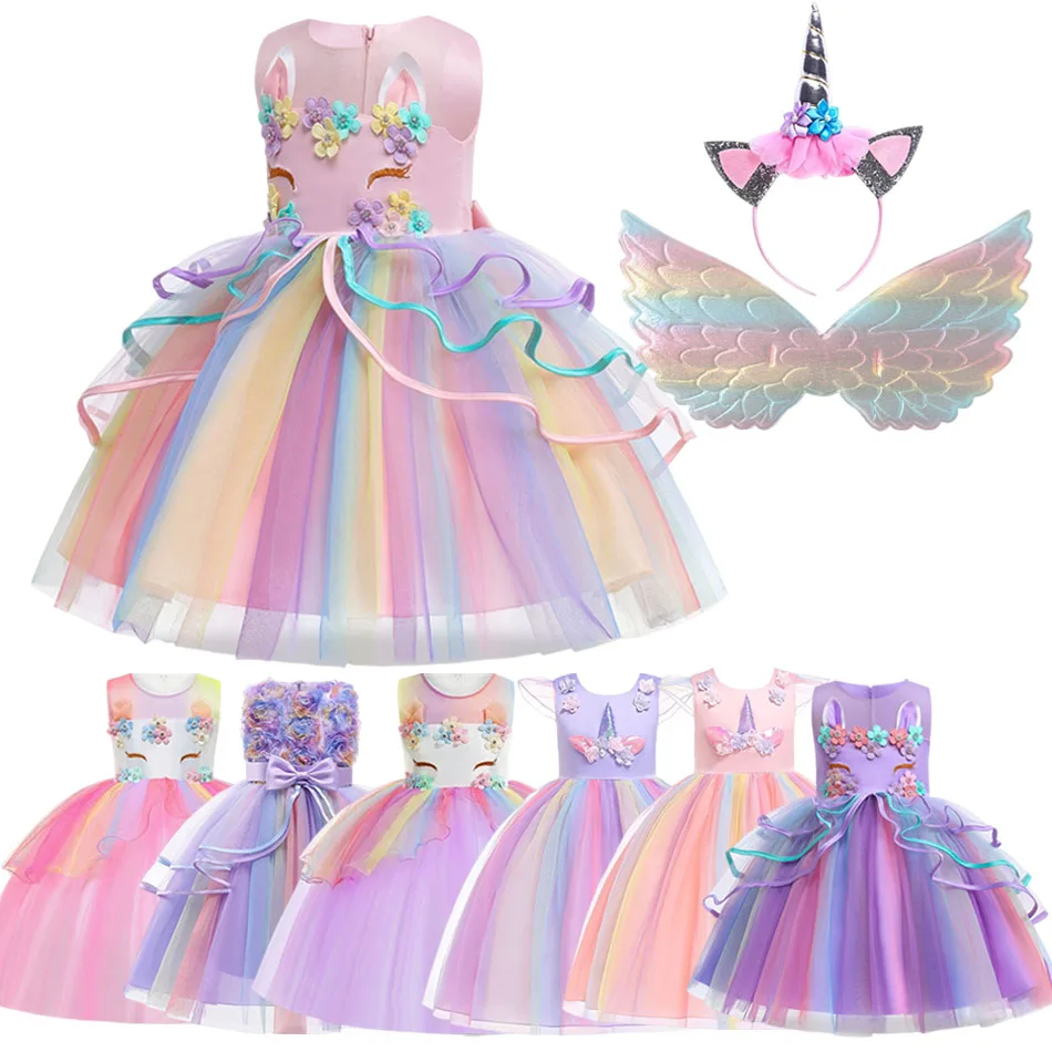 2024 Ragazze Principessa Unicorno Tutu Vestito Arcobaleno Festa Di Compleanno Abito Da Ballo Bambini Bambini Halloween Unicorno Eseguire Costume