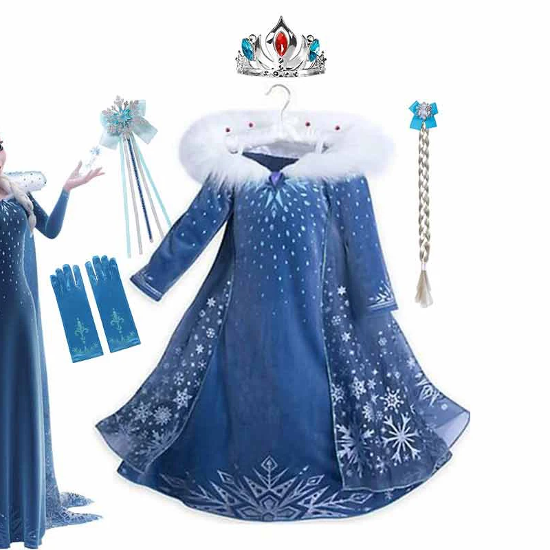 Costume Cosplay Invernale Elsa Per Ragazze Princess Party Queen Elsa Dress Kids Carnival Velvet Frocks Clothing