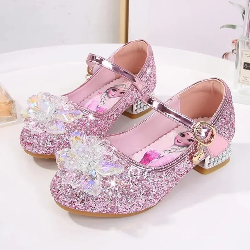 Disney Little Girls Frozen Aisha Girls Scarpe Col Tacco Alto Bambini Cartoon Princess Elsa Glitter Shoes Cute Girls Crystal Shoes