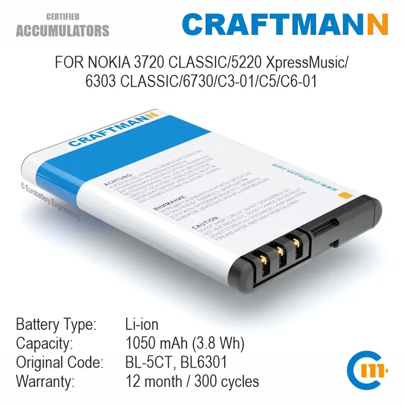 Batteria Crafts Mann 1050Mah Per Nokia 3720 Classic/5220 Xpressmusic/6303 Classic/6730/C3-01/C5/C6-01 (Bl6301/Bl-5Ct)
