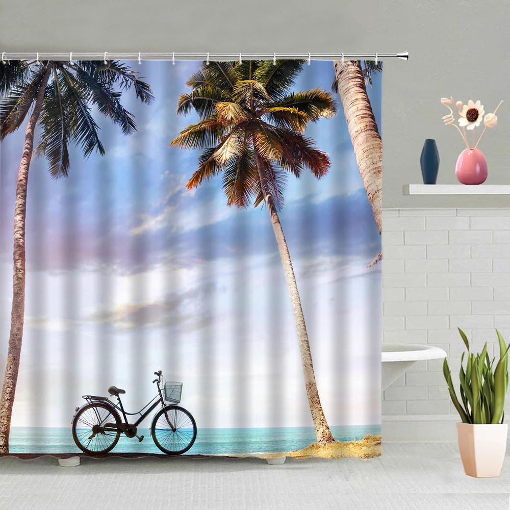 Ocean Scenery Tenda Da Doccia Sea Beach Island Boat Mountain Stone Blue Sky Forest Bicicletta Tenda Da Doccia Decorazione Con Ganci