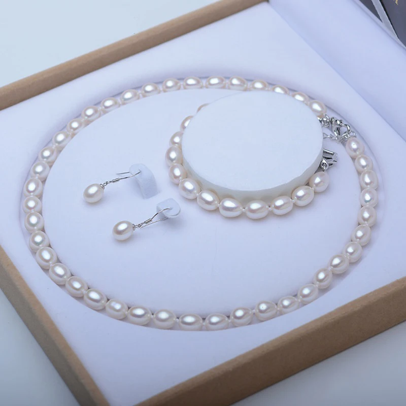 Natural Freshwater Pearl Jewelry Sets  Fashion Necklace Bracelet 925 Silver Earrings For Women Wedding Gift