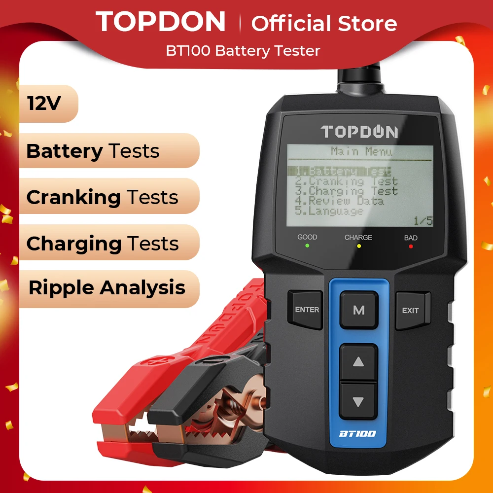Tester Per Batteria Per Auto Topdon Bt100 12V Analizzatore Per Tester Per Batteria Diagnostica Automobilistica Digitale Strumento Per Scanner Di Ricar