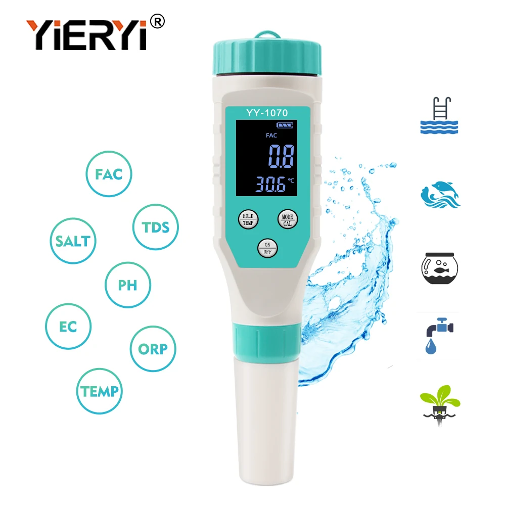 Yieryi 7 In 1 Misuratore Di Ph Per Cloro Per Piscina Professionale Salt/Orp/Tds/Ec/Fac Tester Spa Hot Spring Cl Analizzatore Di Qualità Dell'Acqua
