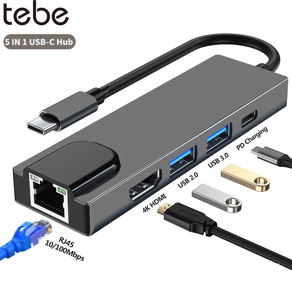 Tebe 5 In 1 Usb-C Hub Tipo C A 4K Hdmi-Adapter /Rj45 Usb 2.0/3.0 Splitter Per Macbook Dell Hp Samsung Usb C Docking Station