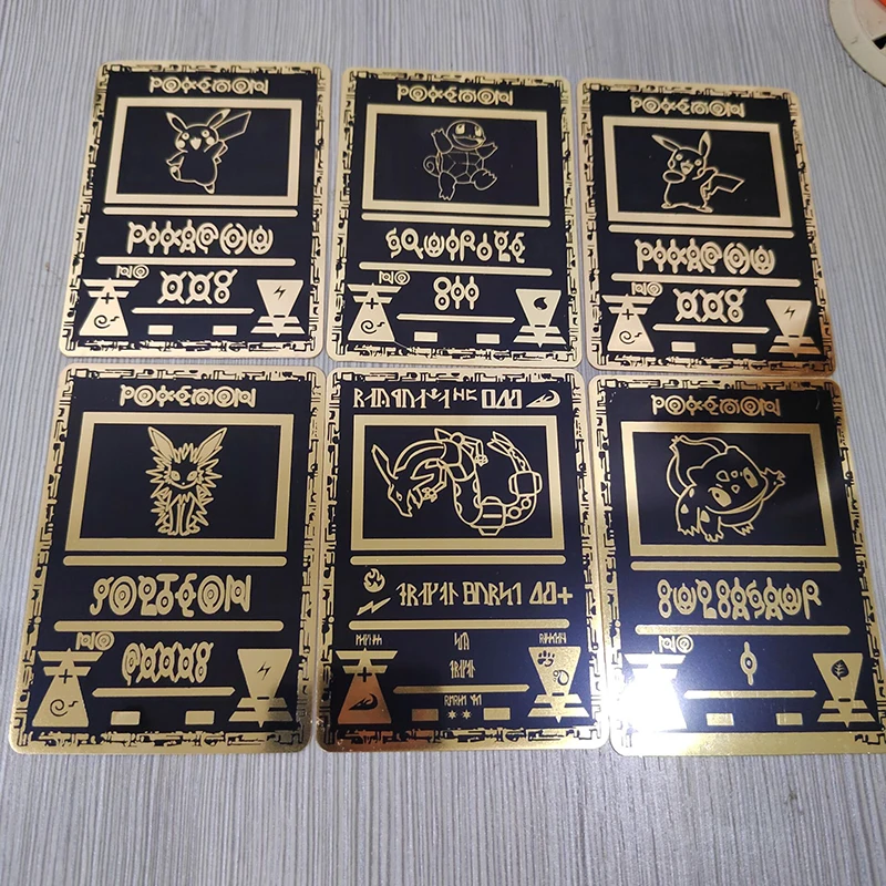 2023 Pokemon Iron Cards Black Metal Pikachu Mewtwo Eevee Squirtle Shiny Letters Pokragon Game Collection Giocattoli Per Bambini Regalo