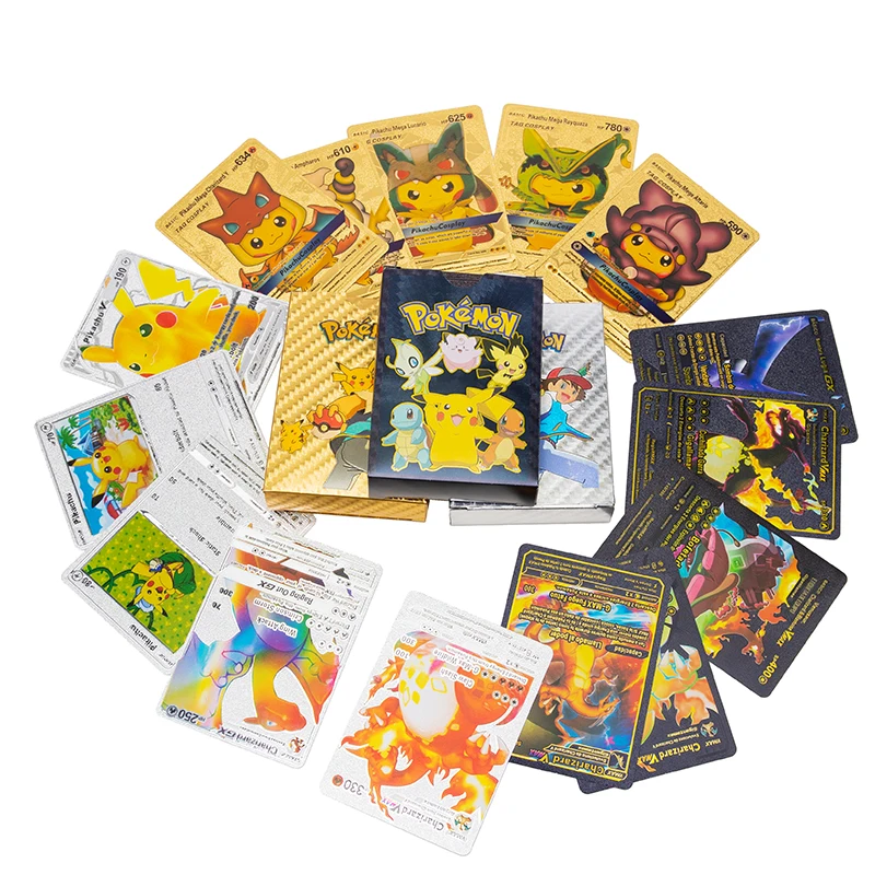 Carte Pokemon Metallo 54 Pezzi Scatola Oro Argento Nero Vmax Gx Charizard Pikachu Collezione Rara Battle Trainer Card Giocattoli Per Bambini Regalo