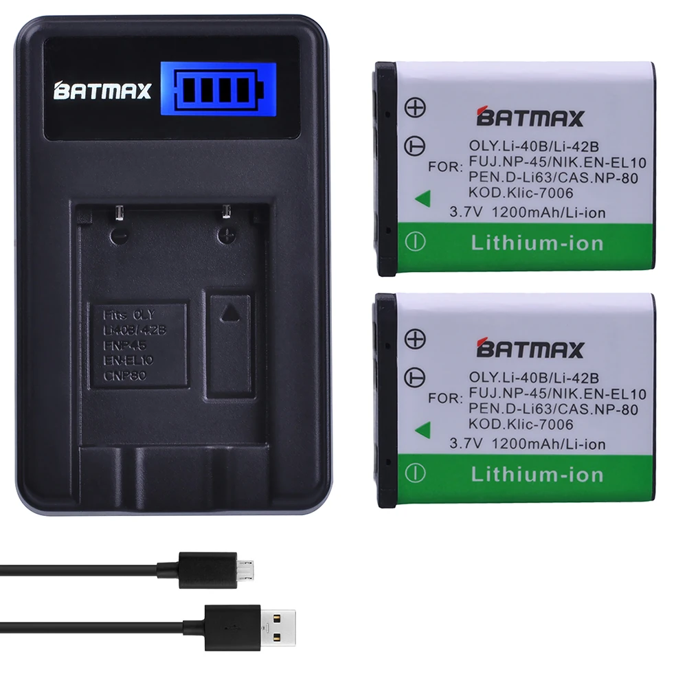 Batteria Batmax Li-40B Li 40B Li-42B 1200Mah + Caricatore Usb Lcd Per Olympus Per Fujifilm Np-45 Np 45 Np45 Np 45A 45B 45S En-El10