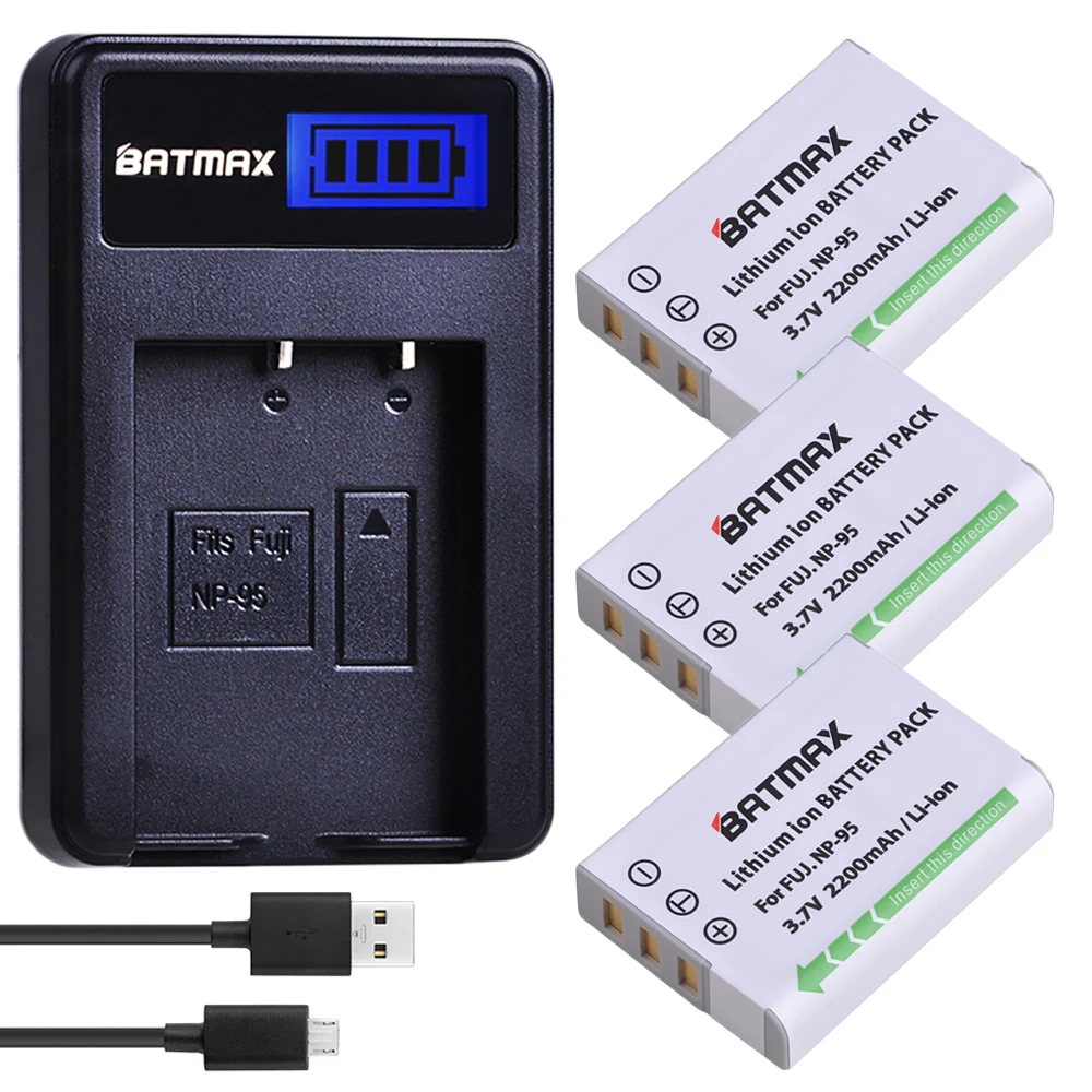 Batteria Ricaricabile Batmax 3Pc Np-95 Np95 + Caricatore Usb Lcd Per Fujifilm X30 X100 X100S X100T Xs1 Fujifilm Finepix F30 F31 3D