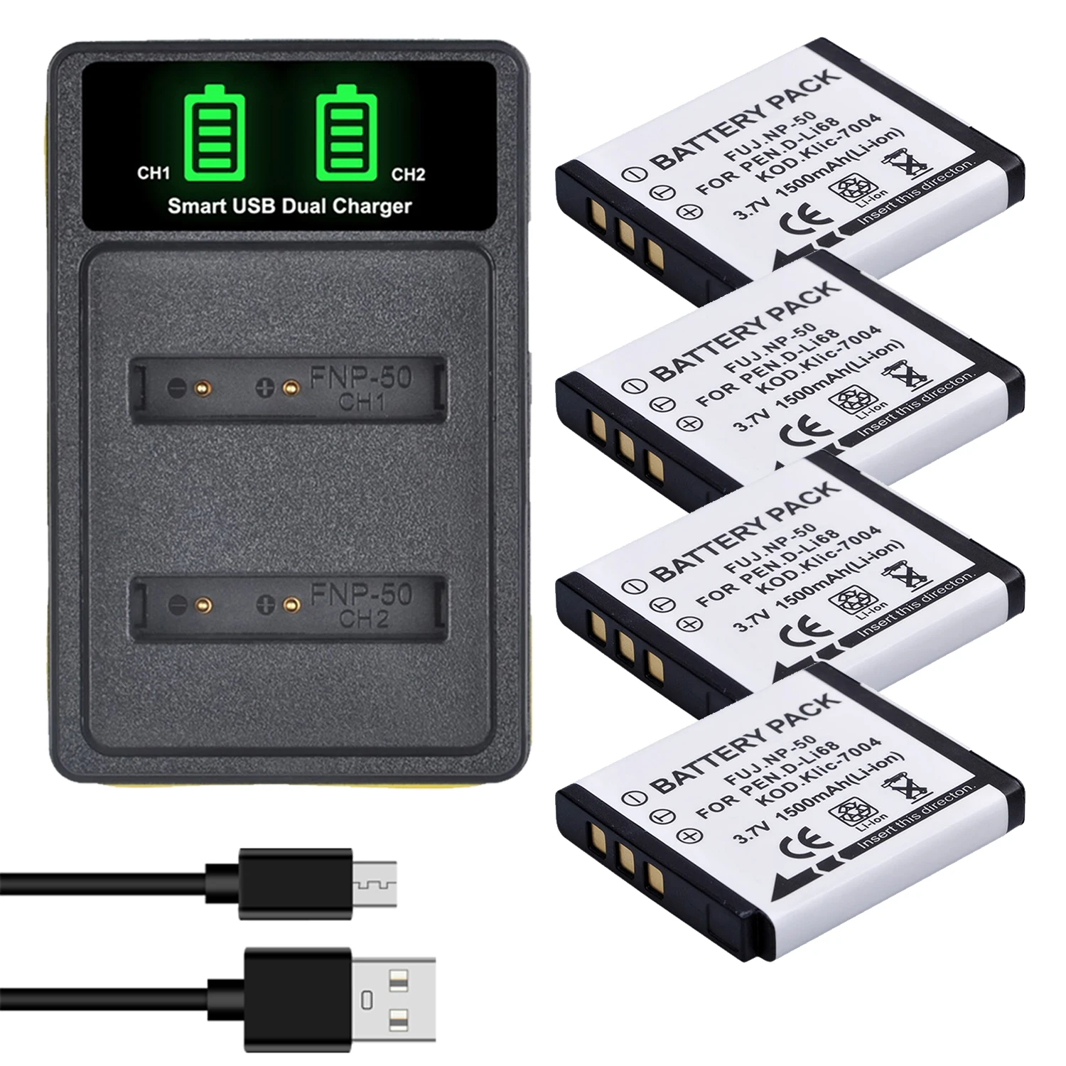 1500Mah Np-50 Batteria/Led Doppio Caricatore Per Pentax D-Li68, Per Fujifilm Bc-50, Per Sionyx Aurora Day/Night Action C