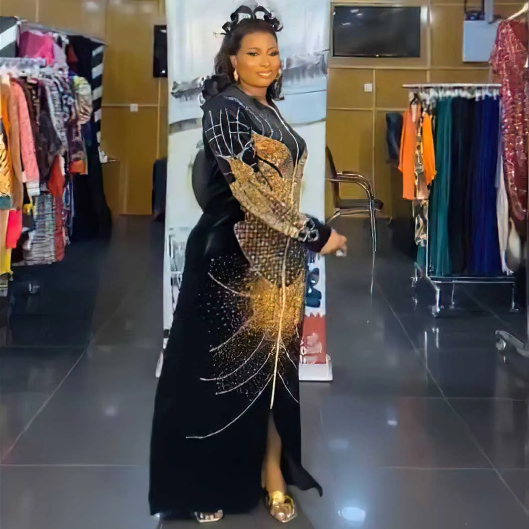 New Design 2023 Women Velvet Maxi Solid Dress Zipper Closure Diamond Gorgerous Royal Queen Party Gown African Mother Gift Mujer