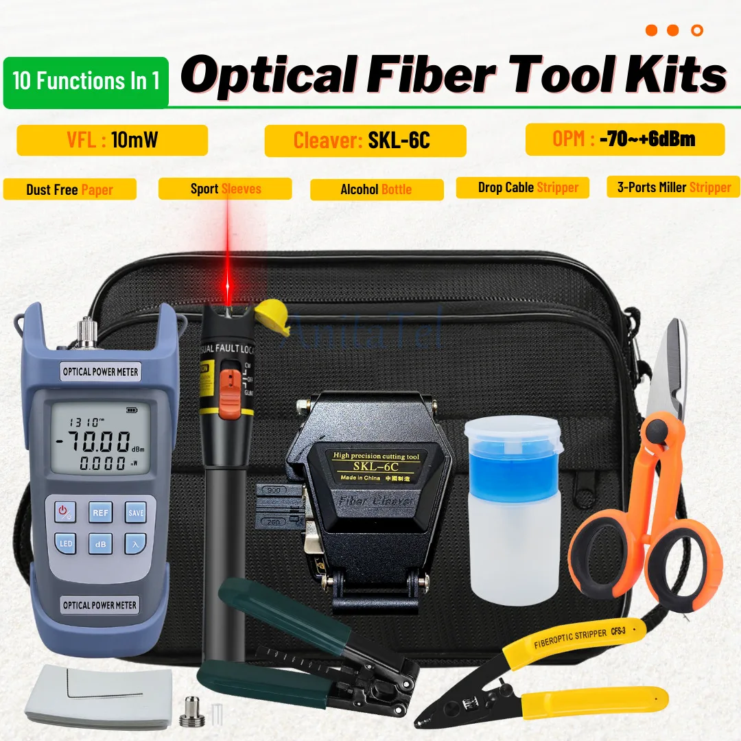 Hot Fiber Optic Ftth Tool Kit Con Skl-6C Fiber Cleaver Optical Power Meter 10Mw Visual Fault Locator Wire Stripper Suit Sale