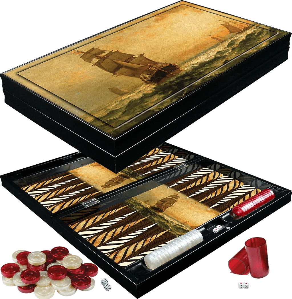 Backgammon Luxury Board Set In Legno Xxl A + Quality Polished Sunset Ships Pattern Dama Family Party Giochi Di Intrattenimento Per Adulti