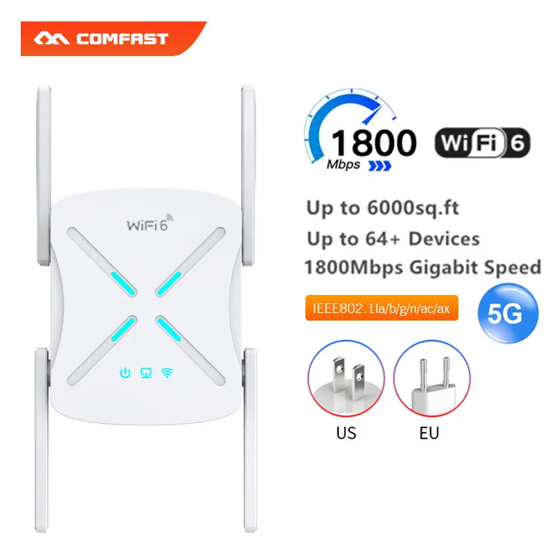 Ax1800 Wifi 6 Ripetitore Wireless 1800Mbps Ripetitore Di Segnale Wifi Router 5G Booster Mu-Mimo / Ofdma / Wpa3 Range Extender Amplificatore