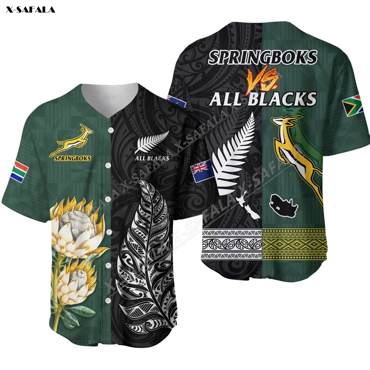 New Zeland Rugby Warriors Sud Africa Protea Felce Go Springboks All Black 3D Printed Baseball Jersey Shirt Uomo Manica Corta