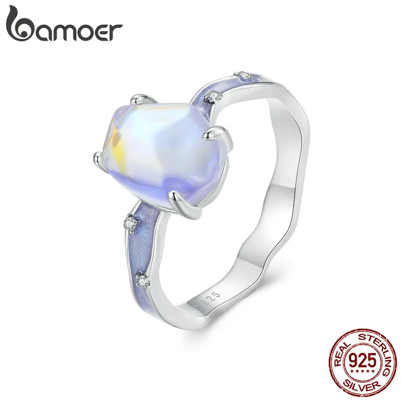 Bamoer Solid 925 Sterling Silver Purple Stone Aurora Ring Wave Band Ring Per Le Donne Party Fine Jewelry Gift
