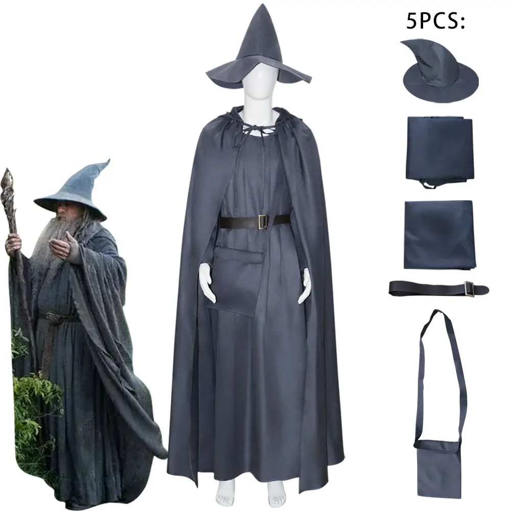Anime Gandalf Wizard Costume Cosplay Hobbit Lungo Mantello Grigio Tuta Con Cintura Cappello Halloween Fancy Dress For Man