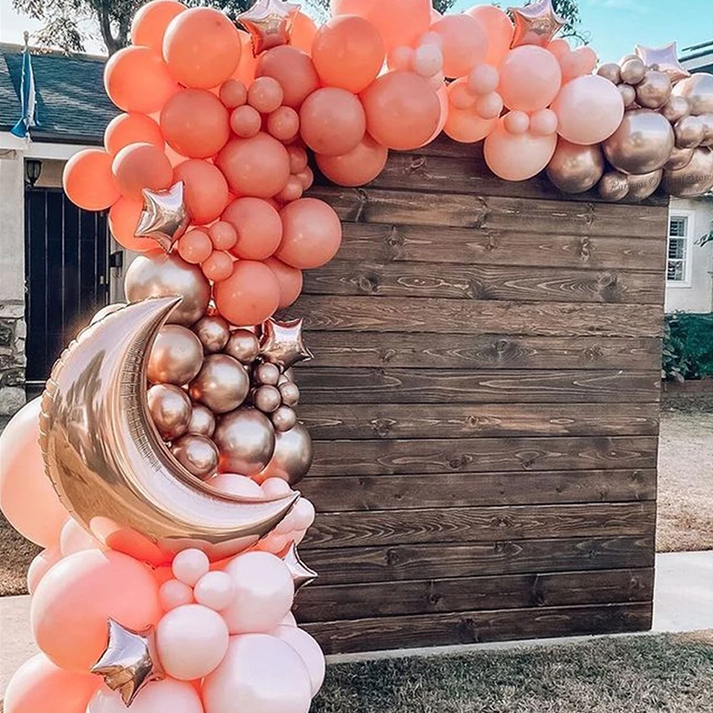 135Pcs Rose Gold Mix Retro Orange Latex Balloons Garland Arch Kit Decorazioni Ramadan Moon Star Decorare Chrome Metal Air Ball