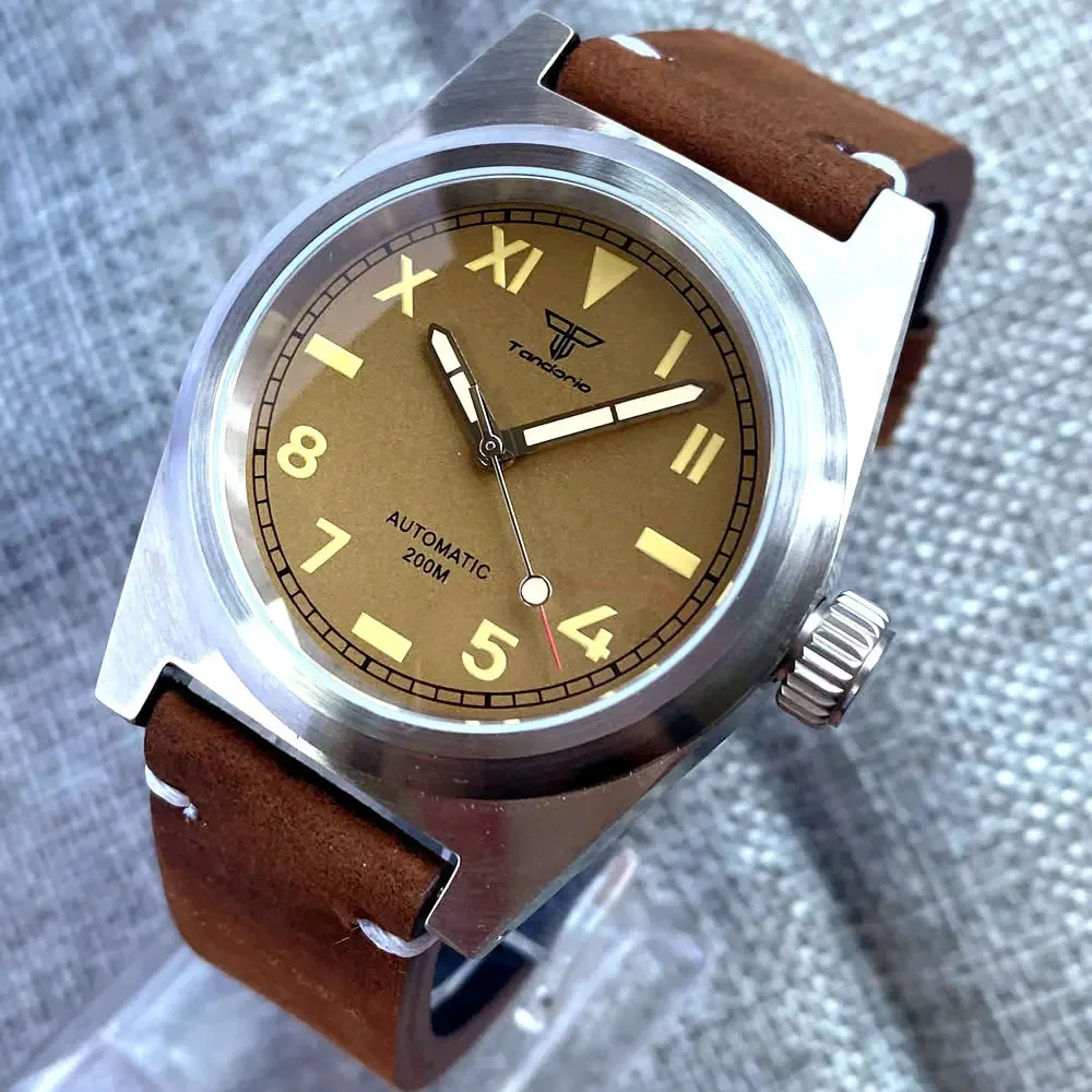 38Mm Tandorio Ar Vetro Zaffiro Nh35 Pt5000 Orologio Automatico Per Uomo Retro Coffee California Dial 20Atm Impermeabile Luminoso