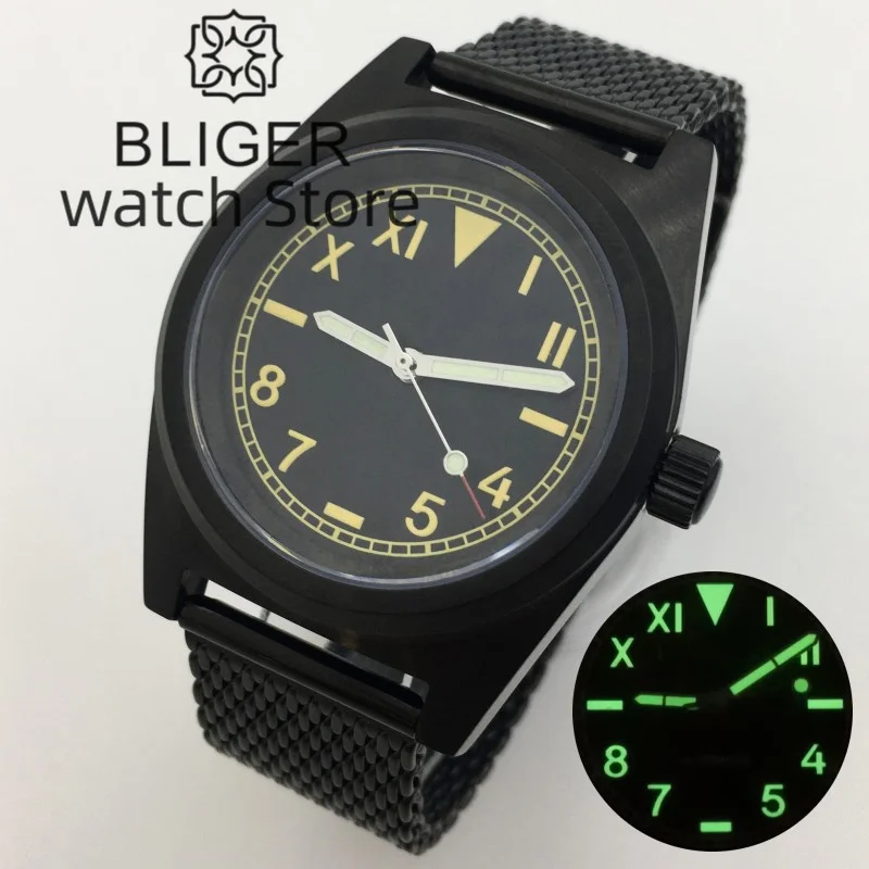 Bliger Pilot Watch Nh35A 38Mm Nero Vintage Military Appassionati Sapphire Automatic Mechanical Men Orologi Cinturino In Rete Luminoso