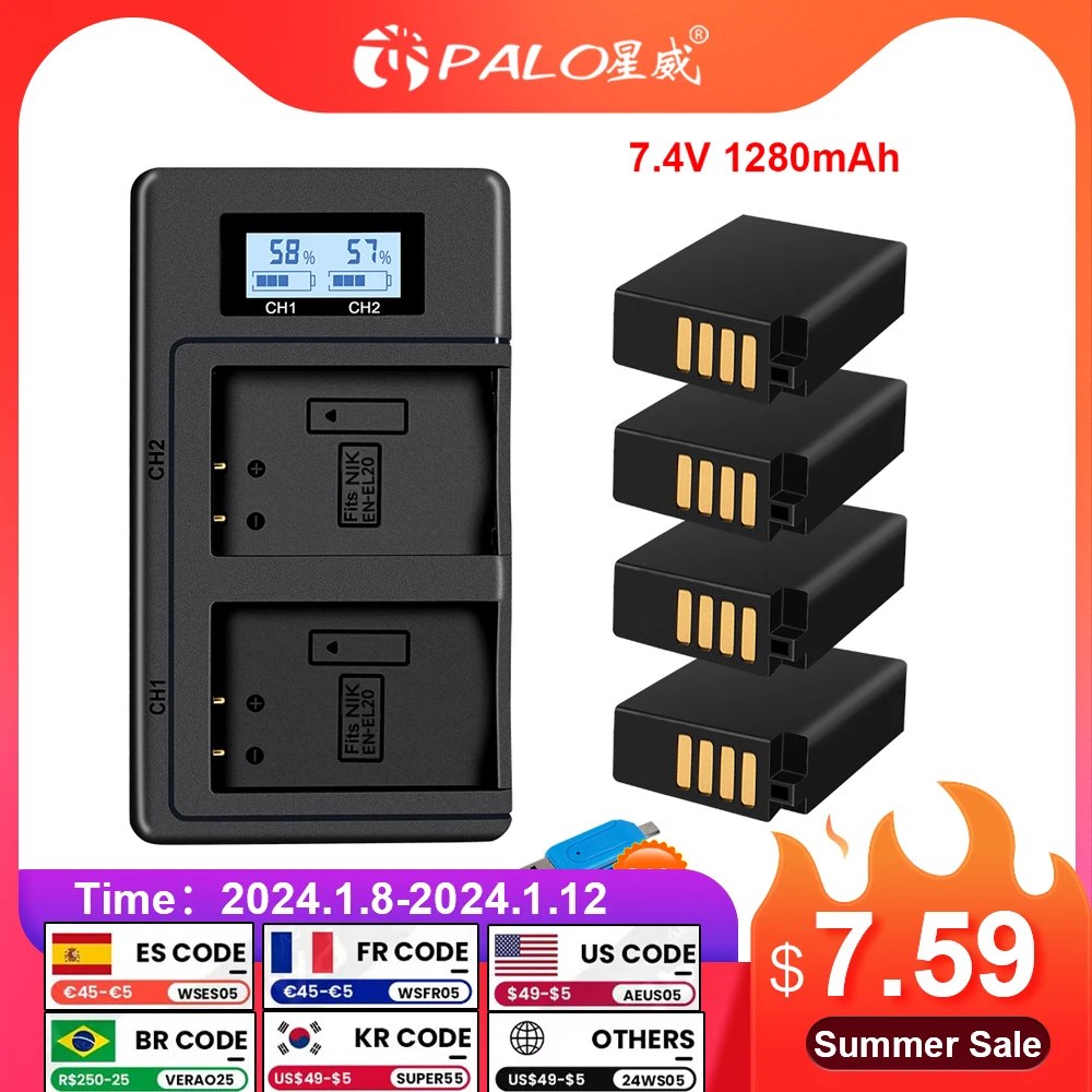 Palo En-El20A En-El20 Batteria + Caricatore Doppio Lcd Per Fotocamera Nikon Coolpix P1000, 950, 1 J1, 1 J2, 1 J3, 1 S1, 1 V3, A, A, A 1, Aw1
