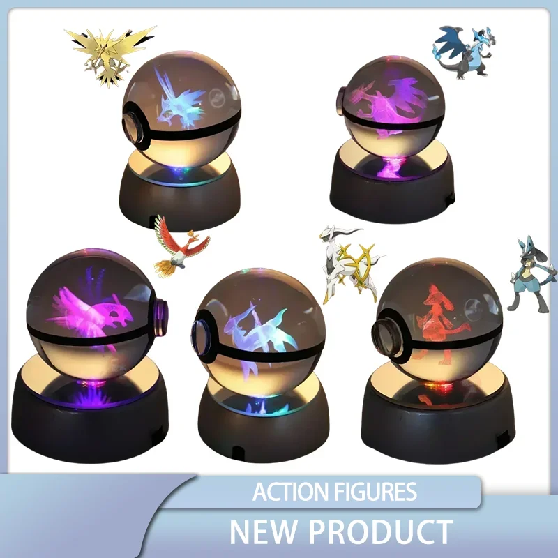 Pokemon Crystal Ball Snorlax Mewtwo Pikachu Figure Pokragon Incisione Giocattoli 3D Modello Con Base Luminosa A Led