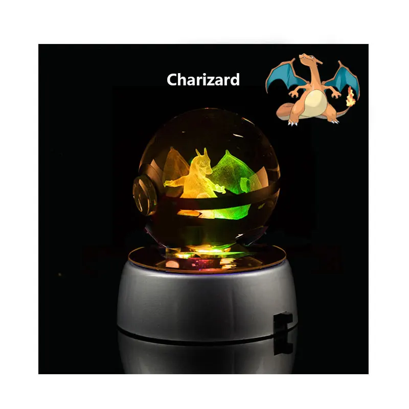 Anime Pokeball 3D Crystal Ball Charizard Figure Pokemon Crystal Incisione Modello Con Base Luminosa A Led Regalo Per Bambini Regalo Anime