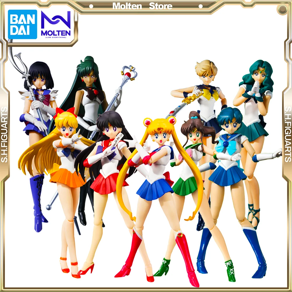 Bandai Original S.H.Figuarts Sailor Moon Mars Jupiter Venus Uranus Neptune Pluto Saturn Action Anime Figure Model Completed