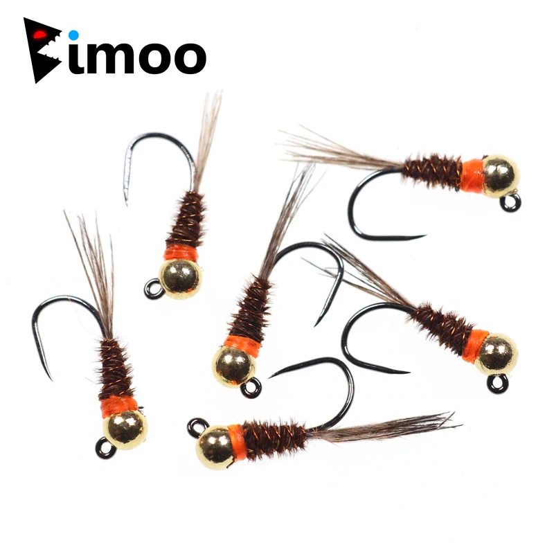 Bimoo 6Pcs Tungsteno Jig Brown Perdigon Nymphs Per Euro Nymphing Competition Fishing Spanish Nymphs Trout Grayling Mosche Bianche