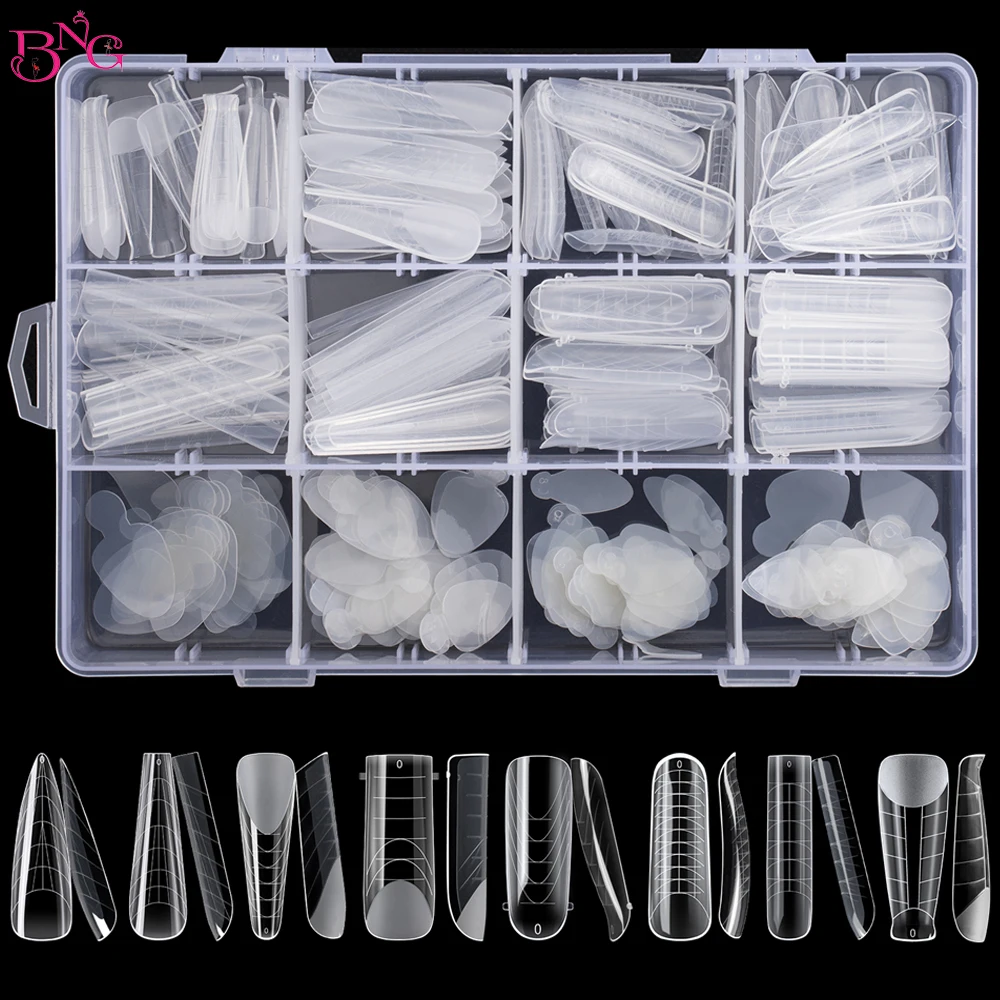 288Pcs Dual Forms Finger Poly Nail Gel Quick Building Extension Mold Con Adesivo In Silicone Francese Stiletto Upper Forms Manicure