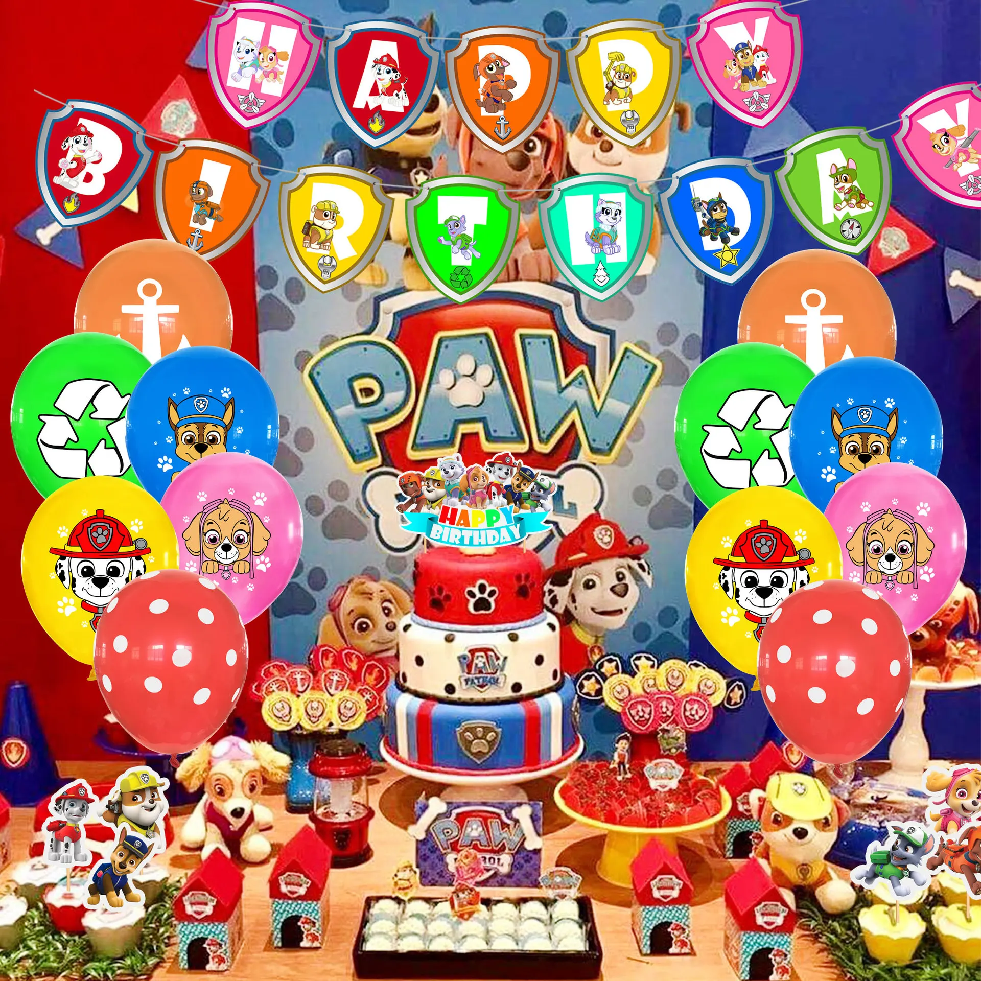 Paw Patrol Cartoon Anime Party Supplies Set Chase Marshall Rocky Balloon Banner Cake Topper Hanging Decoration Fit Birthday Pary