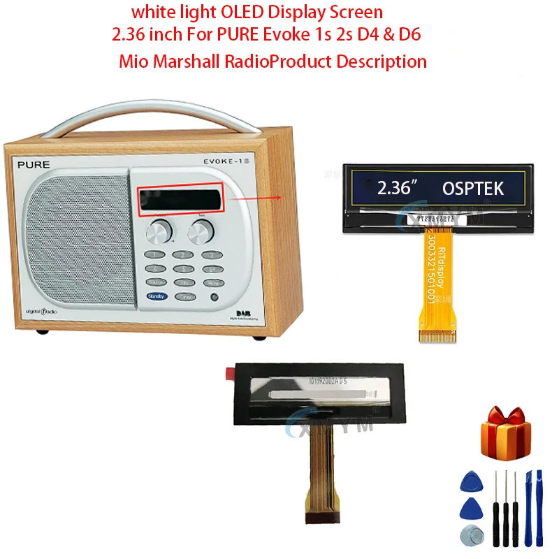 Schermo Oled A Luce Bianca Da 2.36 Pollici Per Radio Marshall Pure Evoke 1S 2S D4 E D6 Mio