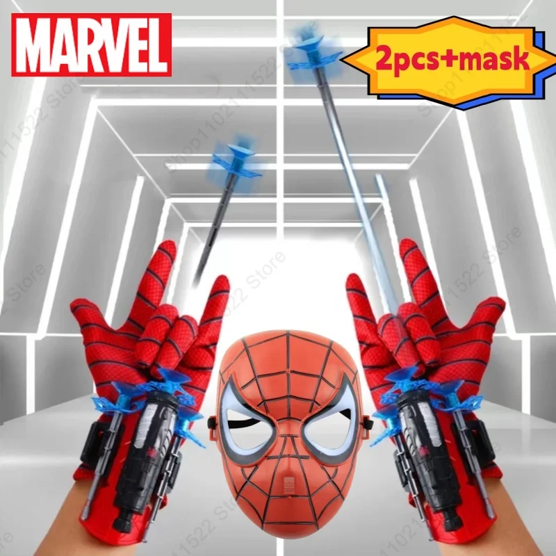 2Pcs + Mask Launcher Marvel Spiderman Avengers Anime Figure Toy Kids Set Hero Launcher Masks Toy Friends Gift Boy Children Toys