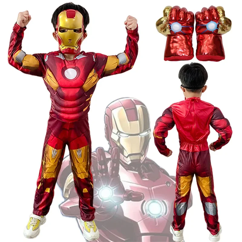 Bambini Iron Man Muscle Costume Superhero Iron Man Costume Cosplay Tuta Maschera Guanti Ragazzo Halloween Party Costume Per Bambini