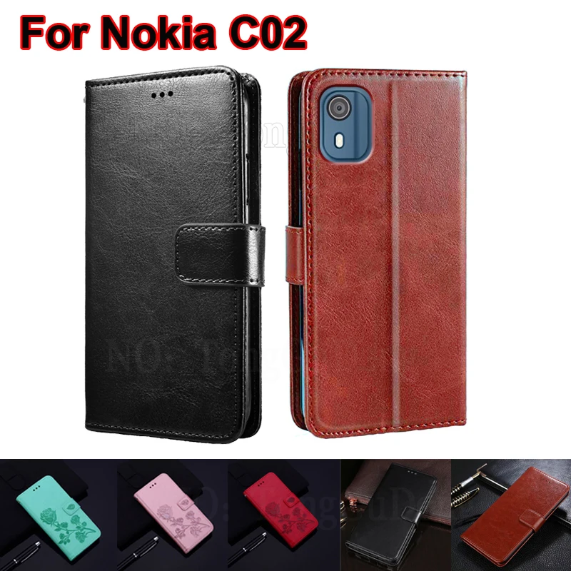Custodia In Pelle Vintage Per Nokia C02 Custodia Flip Wallet Card Holders Book Stand Cover Per Telefono Per Carcasas Nokia C02 C 02 Funda Coque