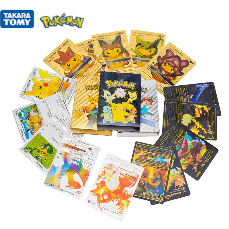 Carte Pokemon Metallo 54 Pz Oro Argento Nero Charizard Pikachu Collezione Rara Battle Trainer Card Giocattoli Per Bambini Regali All'Ingrosso Acquista