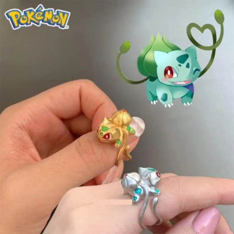 Pokemon Bulbasaur Ring Kawaii Golden Silver Bulbasaur Doll Pikachu Ring Aperto Regolabile Gioielli Decorazione Donna Ragazza Regali