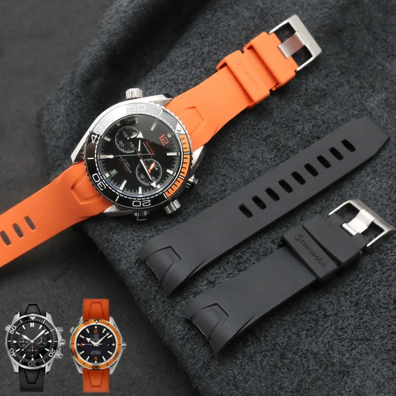 Merjust 20Mm 22Mm Cinturino In Gomma Nera Arancione Cinturino Impermeabile Subacqueo Con Estremità Curva Per Omega Seamaster Planet Ocean Speedmaster