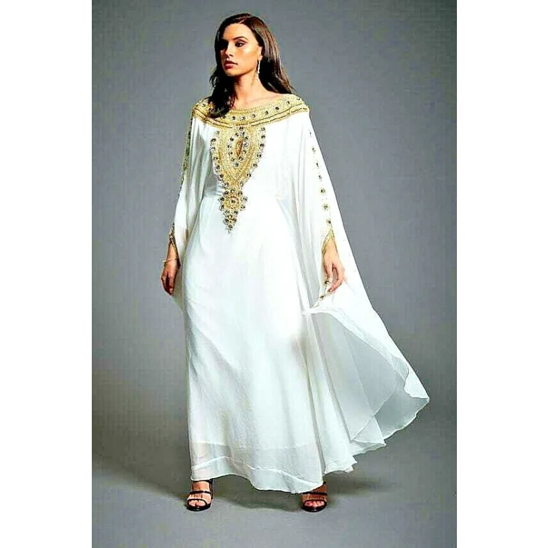 Abito Bianco Marocchino Dubai Caftano Farasha Abaya Molto Alla Moda Lunghe Tendenze Della Moda Europee E Americane
